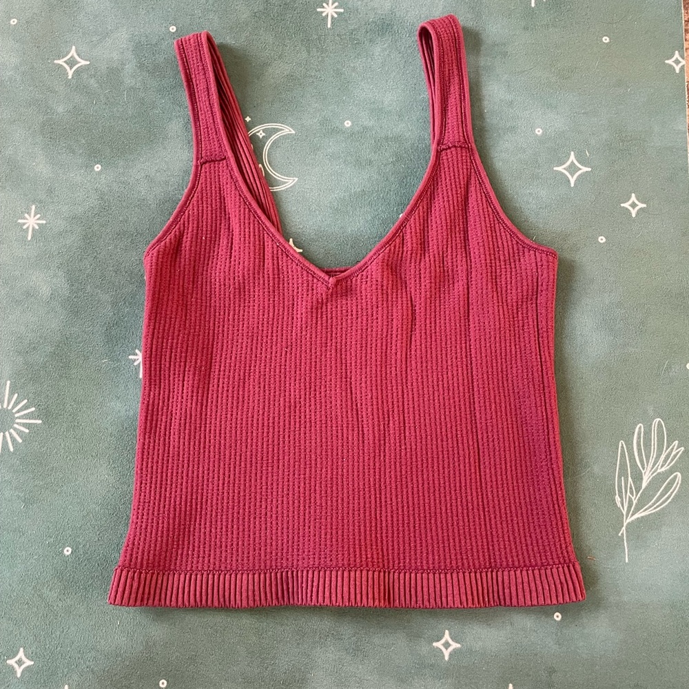 Pink Ribbed Crop Tank Top V-Neck